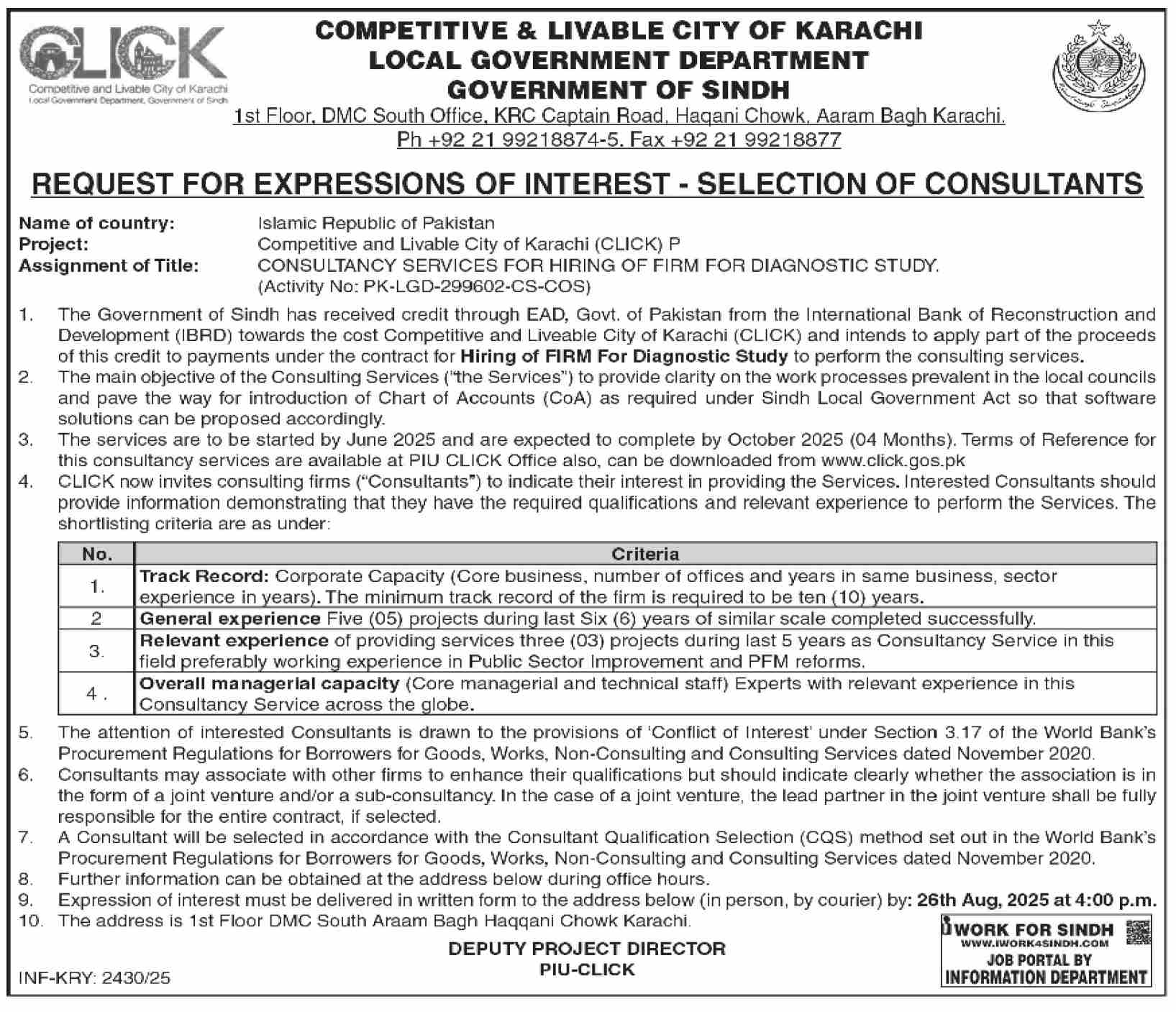 Local Government Department Karachi Tender Notice